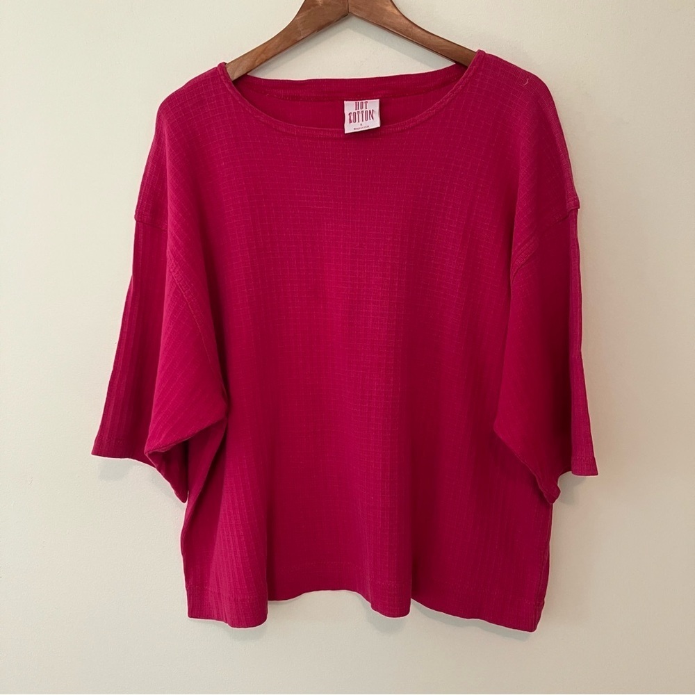 Hot Cotton Short Sleeve Shirt Sz L Waffle Knit Pink Woven Boxy Oversized USA